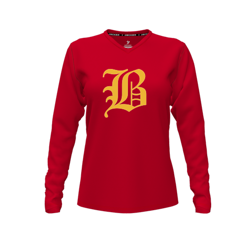 [FTLVCFRD-FYXS-LOGO1] Decker Comfort T-Shirt (Female Youth XS, Red, V Neck, Logo 1, Long Sleeve)