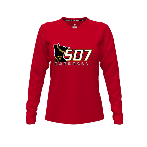 [FTLVCFRD-FYXS-LOGO2] Decker Comfort T-Shirt (Female Youth XS, Red, V Neck, Logo 2, Long Sleeve)